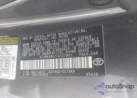2007 Toyota Camry Xle V6 z USA, uszkodzony, nr VIN 4T1BK46K77U527681